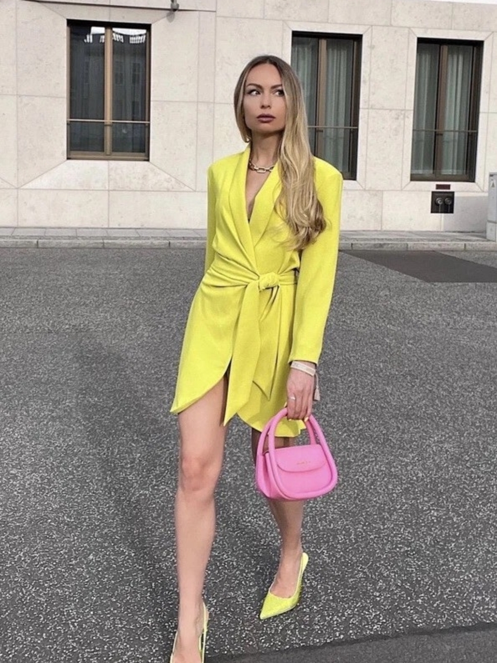 Zara Chartreuse Yellow Green Blazer Mini Dress L